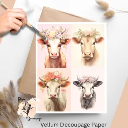 Four images of cows wearing floral tiaras. Cow in Florals Collage 1, Vellum Decoupage Paper
