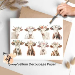 Eight images of cows wearing flower tiaras. Cow Portrait Collage 1, Vellum Decoupage Paper