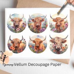 Six images of highland cows. Highland Cow in Flowers Circle Collage 1, Vellum Decoupage Paper