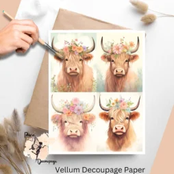 Four images of highland cows wearing a flower tiara. Highland Cow with Florals Collage 1, Vellum Decoupage Paper