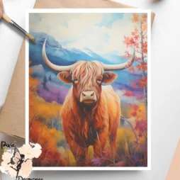Image of a highland cow in a field. Highland Cow in Fall 1, Vellum Decoupage Paper
