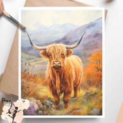 Image of a highland cow in a field. Highland Cow in Fall 3, Vellum Decoupage Paper