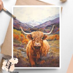 Image of a highland cow in a field in the Fall. Highland Cow in Fall 4, Vellum Decoupage Paper