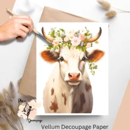 One image of a cow with flowers on its head. Cow in Florals 1, Vellum Decoupage Paper
