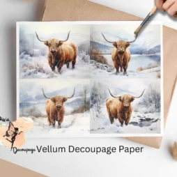 Four images of highland cows in the snow. Highland Cow in Snow Collage 2, Vellum Decoupage Paper