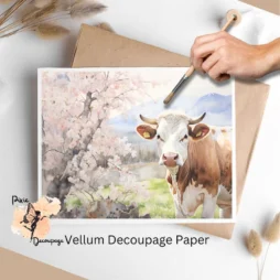 Image of a cow in a springy field. Cow in Spring 1, Vellum Decoupage Paper