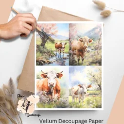 Four images of cows in fields of flowers. Cow in Spring Collage 2, Vellum Decoupage Paper