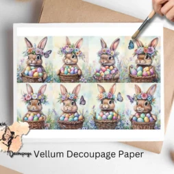 Set of 8 images of a cute bunny with a wicker basket full of colorful Easter eggs.