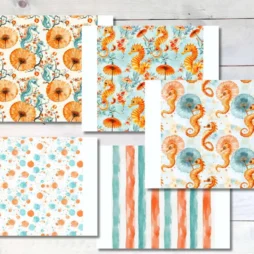 Five decoupage paper. Orange Aqua Seahorse Collection 1, Includes 5 Vellum Decoupage Papers