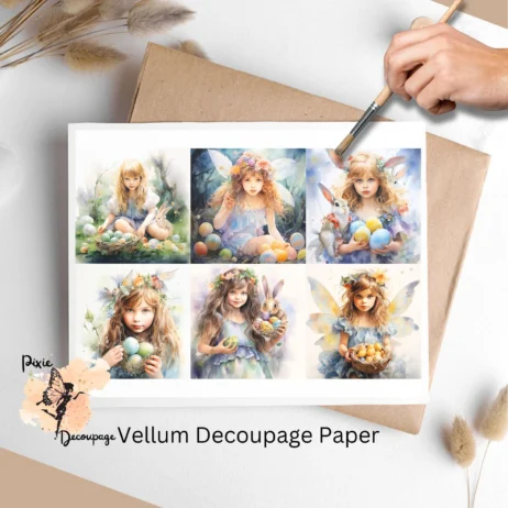 Six images of cute Easter fairies. Easter Fairy Collage 2, Vellum Decoupage Paper