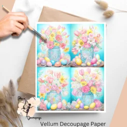 Set of 4 images of colorful Easter flowers and eggs. Set against a blue background.