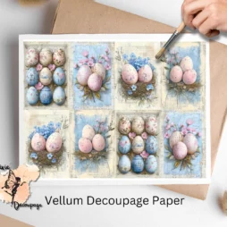 Eight images of pink and blue eggs in different settings. Shabby Chic Eggs Collage 1, Vellum Decoupage Paper