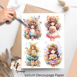 Four images of cute fairies. Easter Fairy Collage 5, Vellum Decoupage Paper