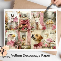 Eight images of different animals such as dog, eagle, donkey, and others. Shabby Chic Farm Animals Collage 4, Vellum Decoupage Paper