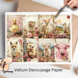 Eight images of animals such as cows, fox, duck. Shabby Chic Farm Animals Collage 5, Vellum Decoupage Paper