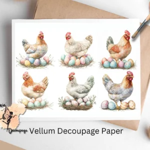 Six images of hens with eggs. Hen with Eggs Collage 1, Vellum Decoupage Paper