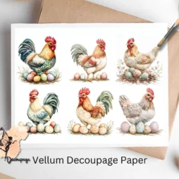 Six images of hen with eggs. Hen with Eggs Collage 2, Vellum Decoupage Paper