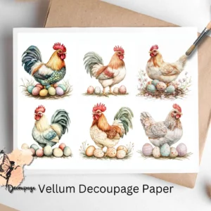 Six images of hen with eggs. Hen with Eggs Collage 2, Vellum Decoupage Paper