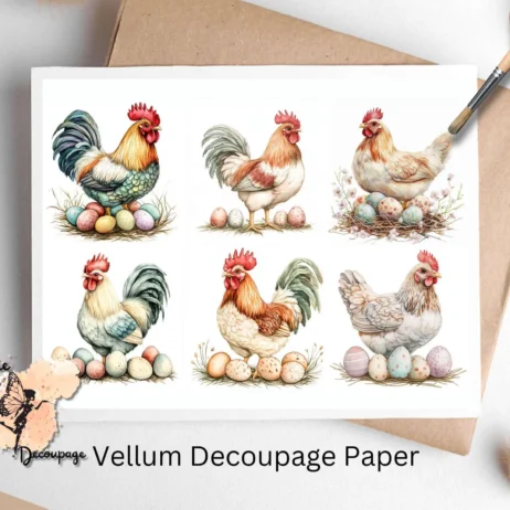 Six images of hen with eggs. Hen with Eggs Collage 2, Vellum Decoupage Paper