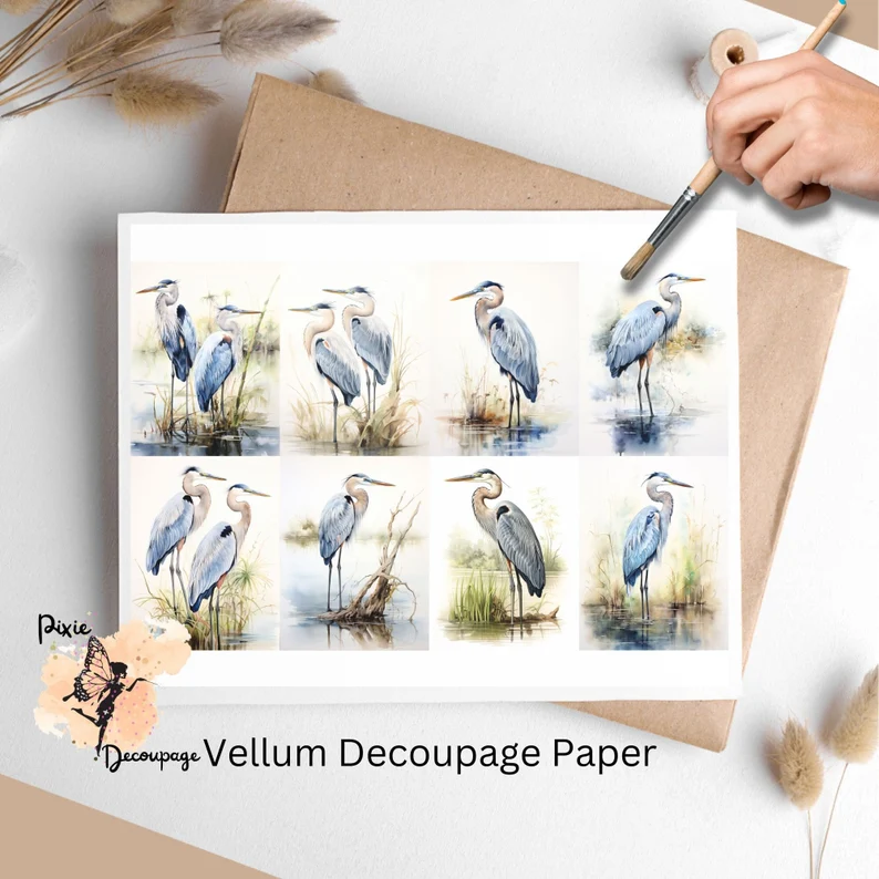 Blue Herons Collage 1, Vellum Decoupage Paper