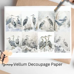 Eight images of herons in the snow. Gray Herons in Snow Collage 2, Vellum Decoupage Paper