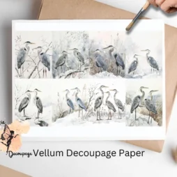 Eight images of blue herons in the snow. Gray Herons in Snow Collage 1, Vellum Decoupage Paper