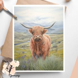 Image of a highland cow in a field. Highland Cow in Field 1, Vellum Decoupage Paper