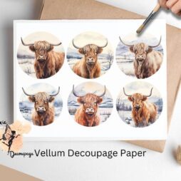 Six images of highland cows. Highland Cow Portrait in Snow Circle Collage 1, Vellum Decoupage Paper