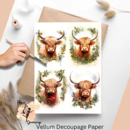 Four images of highland cows heads with holy berries. Highland Cow Collage 1, Vellum Decoupage Paper