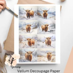 Eight images of highland cows in the snow. Highland Cow in Snow Collage 1, Vellum Decoupage Paper
