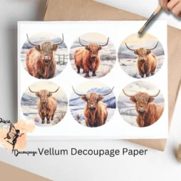 Six images of highland cows. Highland Cow in Snow Circle Collage 1, Vellum Decoupage Paper