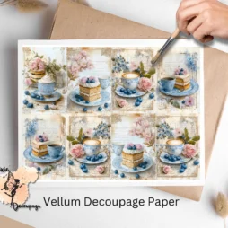 Eight images of coffee cups and cakes. Shabby Chic Coffee Time Collage 1, Vellum Decoupage Paper