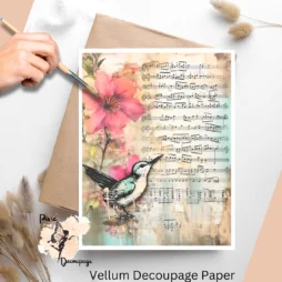 Image of a hummingbird against a vintage background. Hummingbird Altered Art 1, Vellum Decoupage Paper