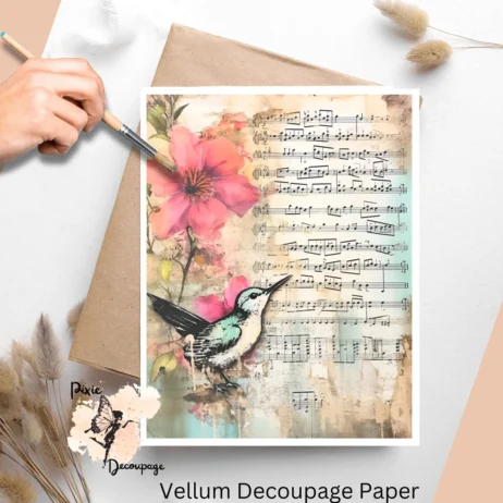 Image of a hummingbird against a vintage background. Hummingbird Altered Art 1, Vellum Decoupage Paper
