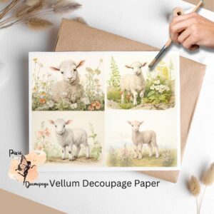 Four images of lambs in fields. Vintage Lamb Collage 5, Vellum Decoupage Paper