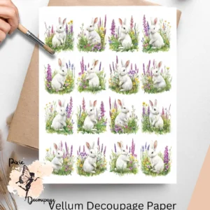 White Bunny in Flowers Collage 2, Vellum Decoupage Paper