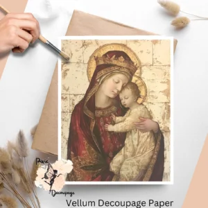 Image of the Virgin Mary holding baby Jesus, set against a vintage background.