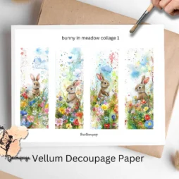 Set of 4 images of bunnies set against a meadow watercolor background.