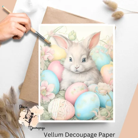 Adorable bunny surrounded by colorful Easter eggs on a soft pastel background.