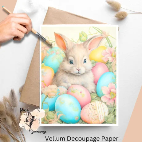 Image of a bunny with colorful eggs. Pastel Easter Bunny 2, Vellum Decoupage Paper