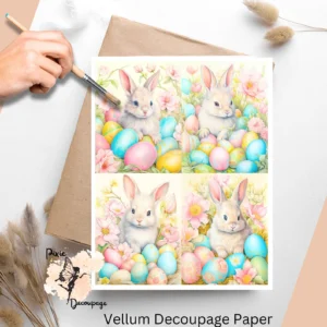 Four images of bunnies with colorful Easter eggs. Pastel Easter Bunny Collage 2, Vellum Decoupage Paper