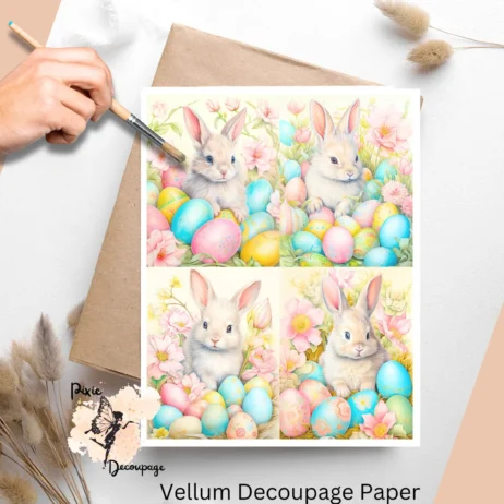 Four images of bunnies with colorful Easter eggs. Pastel Easter Bunny Collage 2, Vellum Decoupage Paper