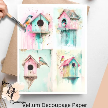 Pink and Aqua Bird House Collage 2, Vellum Decoupage Paper
