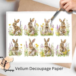 Eight bunny images, Rabbit in Flowers Collage 1, Vellum Decoupage Paper