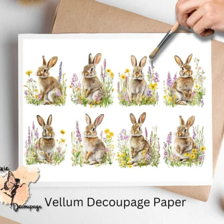 Eight bunny images, Rabbit in Flowers Collage 1, Vellum Decoupage Paper