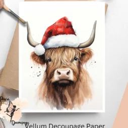 Image of a highland cow wearing a Santa hat. Highland Cow Portrait with Santa Hat 2, Vellum Decoupage Paper