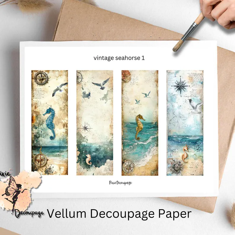 Four seahorses bookmarks. Vintage Seahorse Bookmark 1, Vellum Decoupage Paper