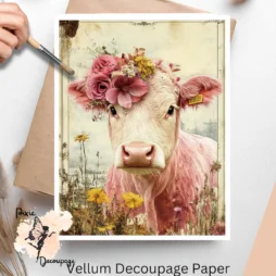 Image of a cow and flowers. Shabby Chic Farm Cow , Vellum Decoupage Paper