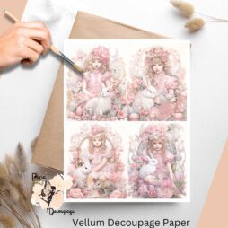 Set of 4 images featuring a girl wearing a pink dress, there is a white bunny by the girl. Shabby chic.