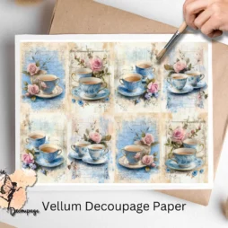 Eight images of tea cups, blue themed. Shabby Chic Tea Time Collage 1, Vellum Decoupage